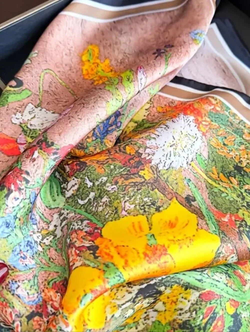 Floral Silk-Look Square Scarf in Yellow & Green